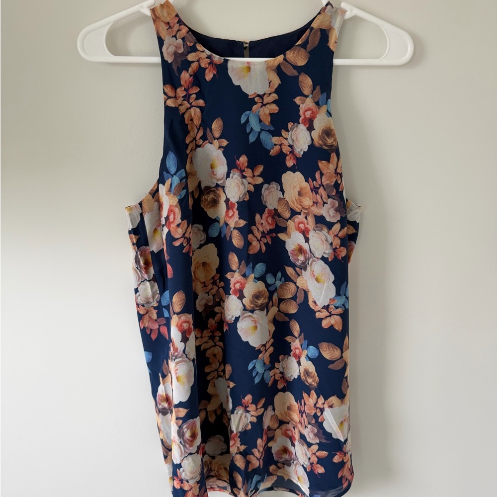 J. Crew Floral Sleeveless Blouse - Navy and Tan